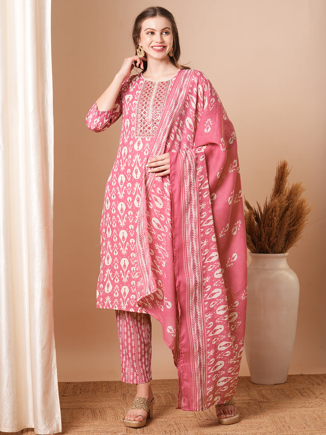 Ethnic Ikat Printed & Embroidered Straight Fit Kurta with Pant and Dupatta - Pink