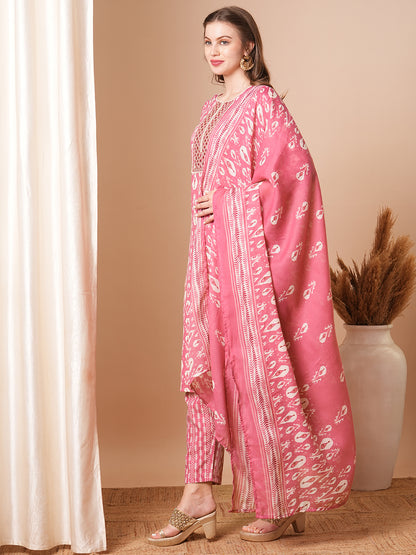 Ethnic Ikat Printed & Embroidered Straight Fit Kurta with Pant and Dupatta - Pink