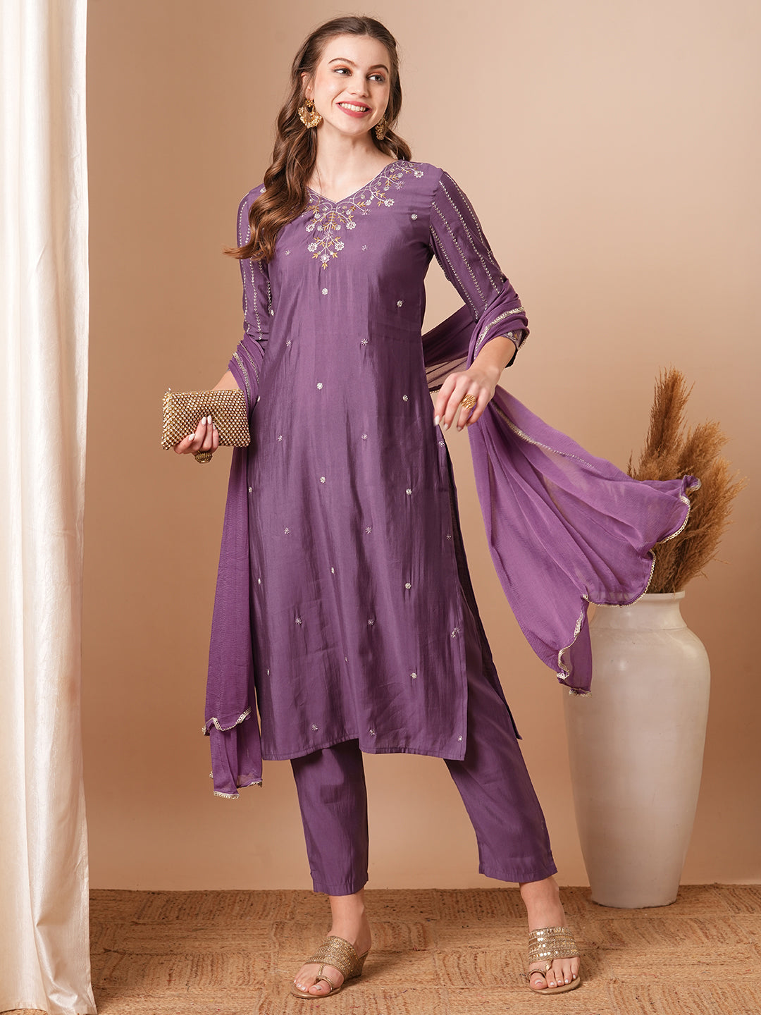 Solid Ethnic Embroidered Straight Fit Kurta with Pant and Dupatta - Purple