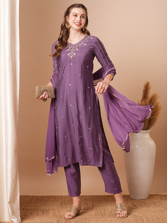 Solid Ethnic Embroidered Straight Fit Kurta with Pant and Dupatta - Purple