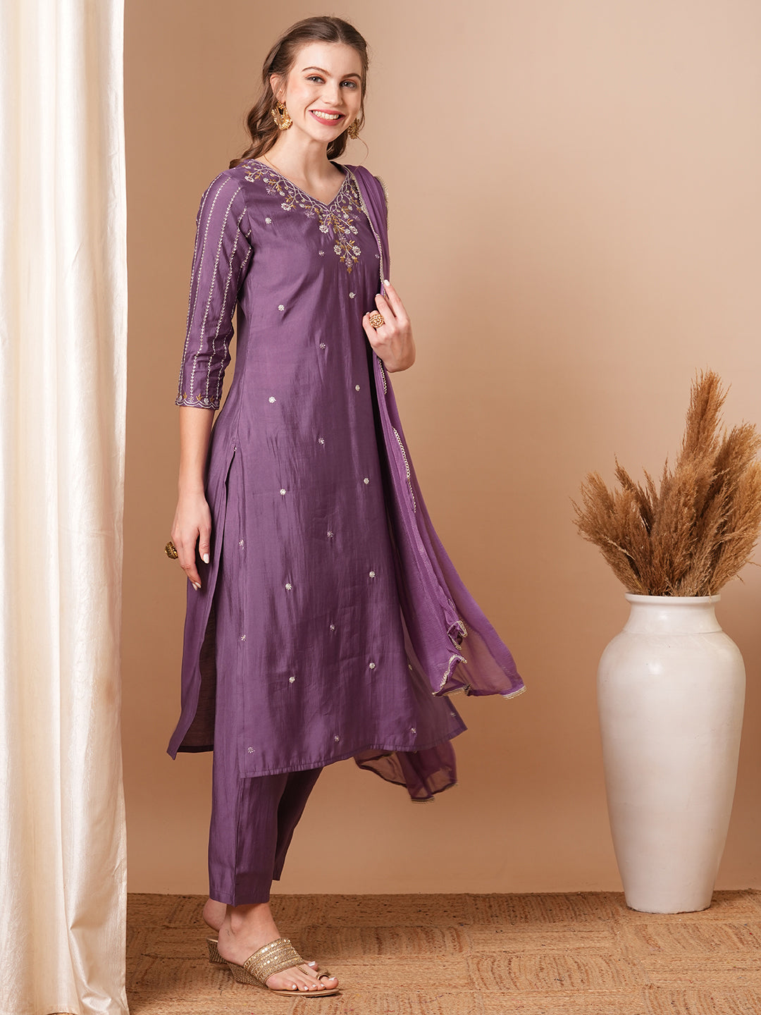 Solid Ethnic Embroidered Straight Fit Kurta with Pant and Dupatta - Purple