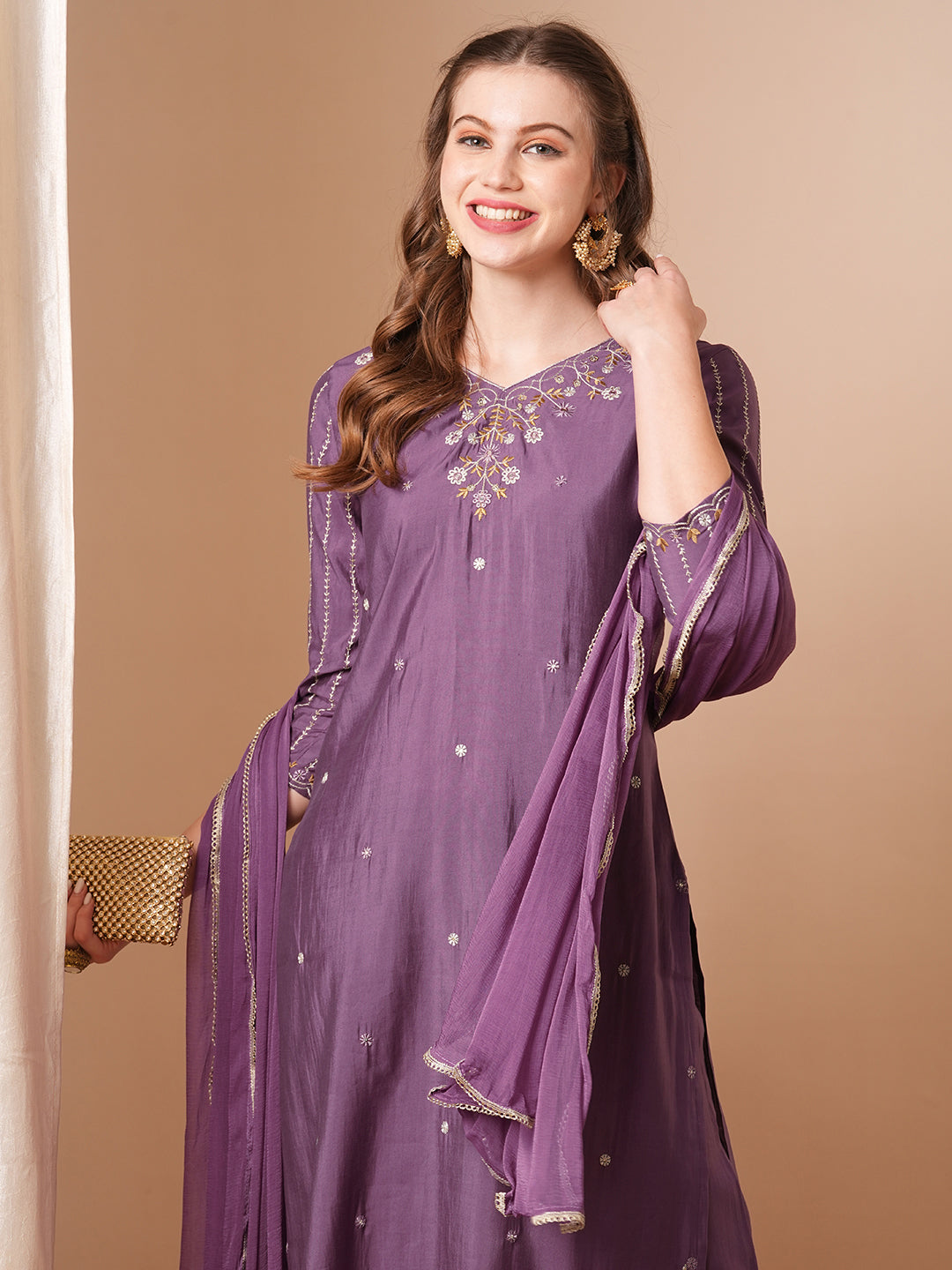 Solid Ethnic Embroidered Straight Fit Kurta with Pant and Dupatta - Purple