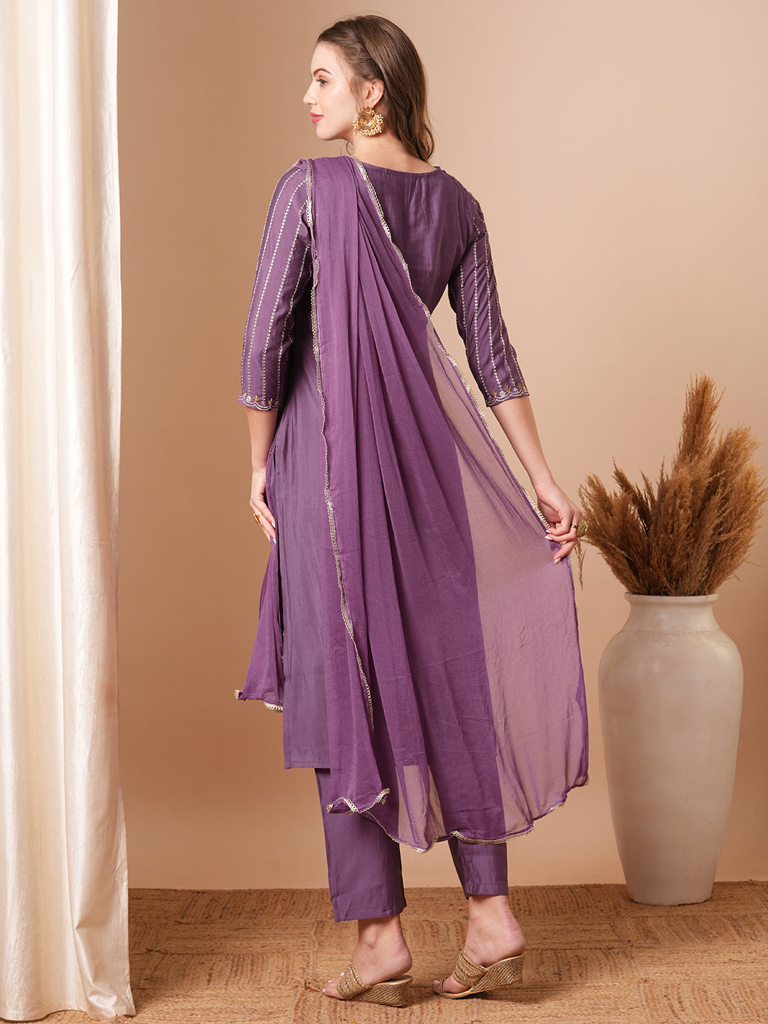 Solid Ethnic Embroidered Straight Fit Kurta with Pant and Dupatta - Purple