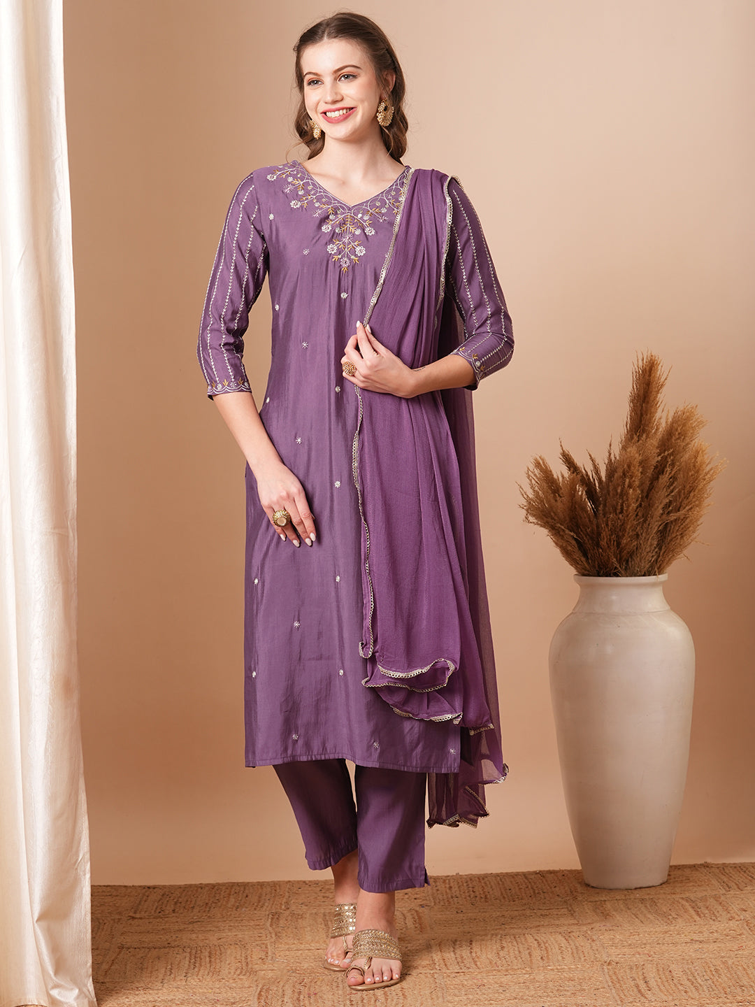 Solid Ethnic Embroidered Straight Fit Kurta with Pant and Dupatta - Purple