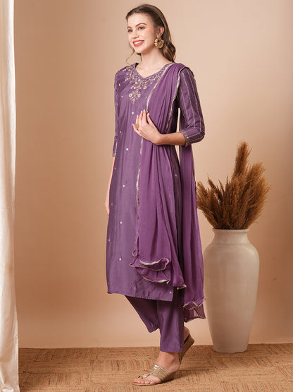 Solid Ethnic Embroidered Straight Fit Kurta with Pant and Dupatta - Purple