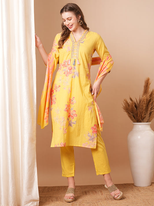 Abstract Floral Printed & Embroidered Straight Kurta with Pant & Dupatta - Yellow