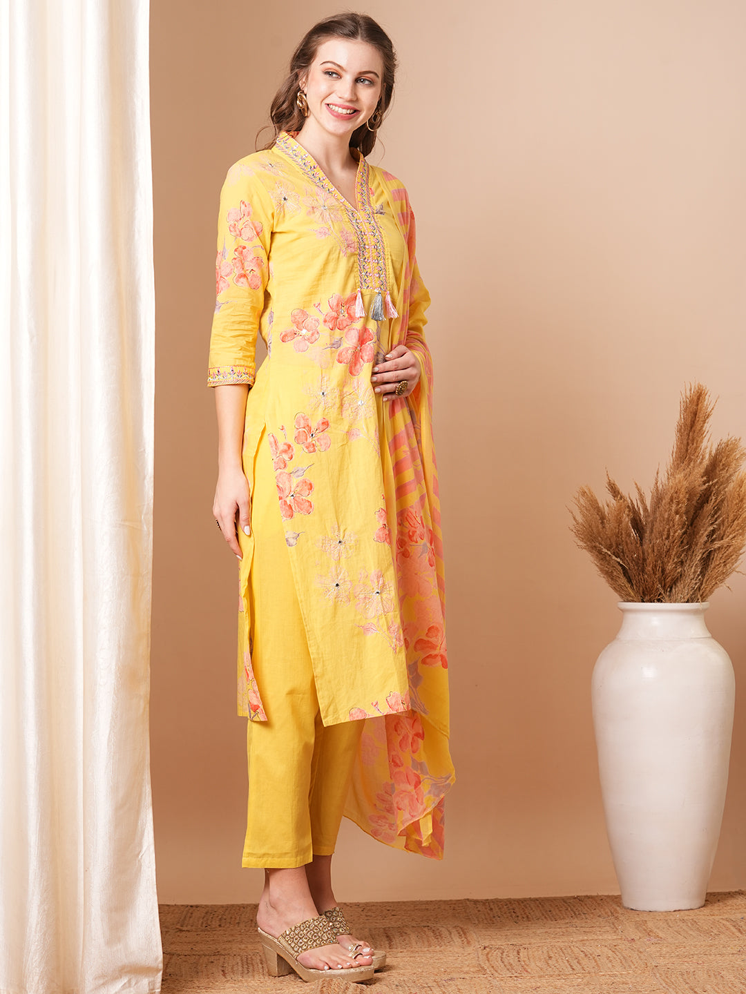 Abstract Floral Printed & Embroidered Straight Kurta with Pant & Dupatta - Yellow