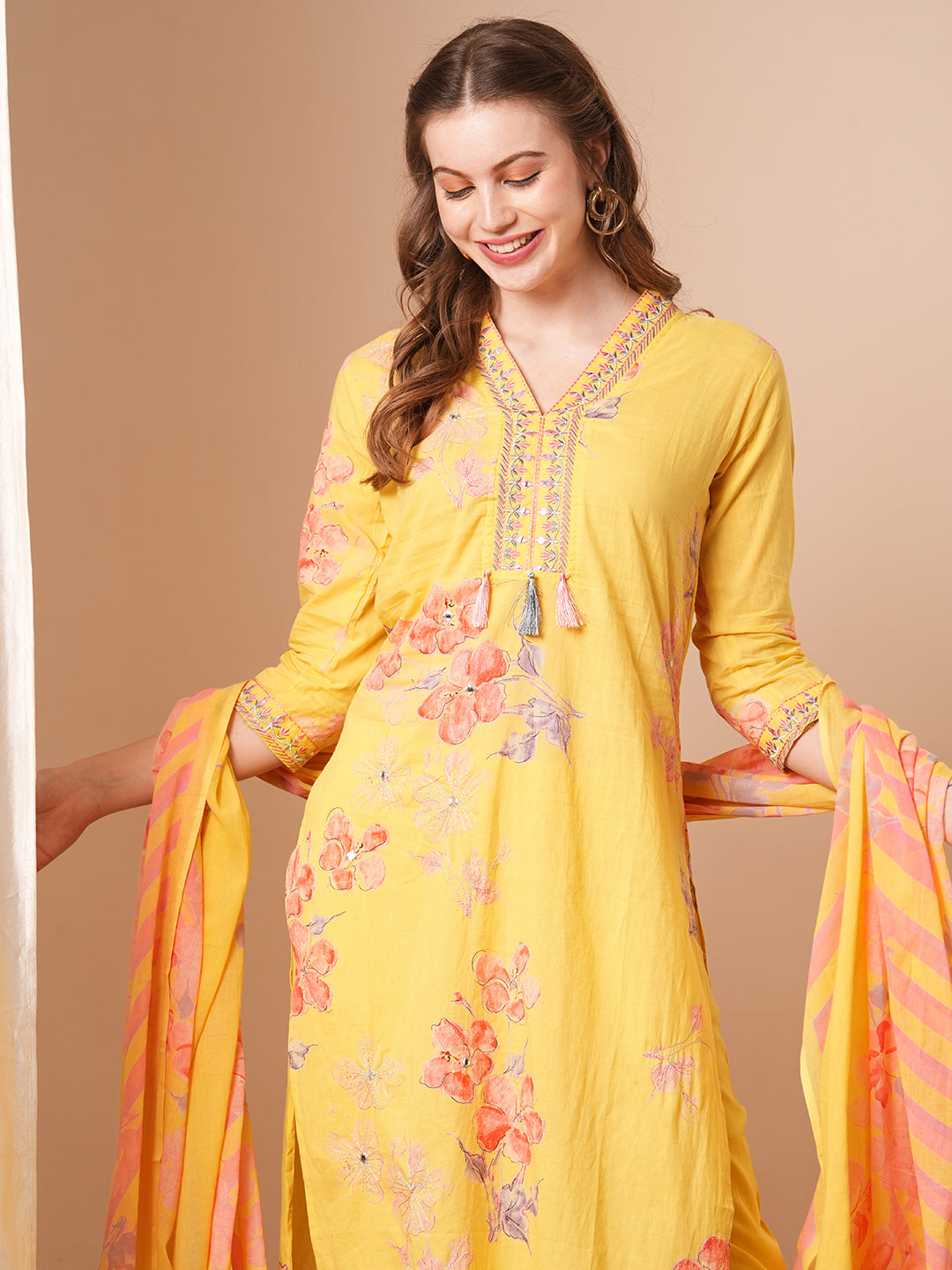 Abstract Floral Printed & Embroidered Straight Kurta with Pant & Dupatta - Yellow