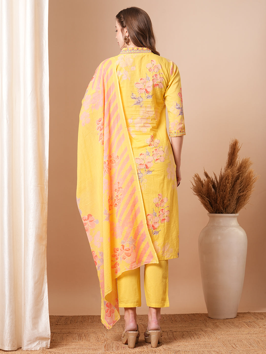 Abstract Floral Printed & Embroidered Straight Kurta with Pant & Dupatta - Yellow