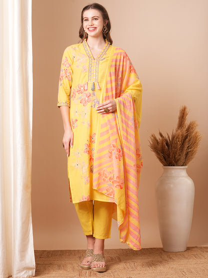 Abstract Floral Printed & Embroidered Straight Kurta with Pant & Dupatta - Yellow