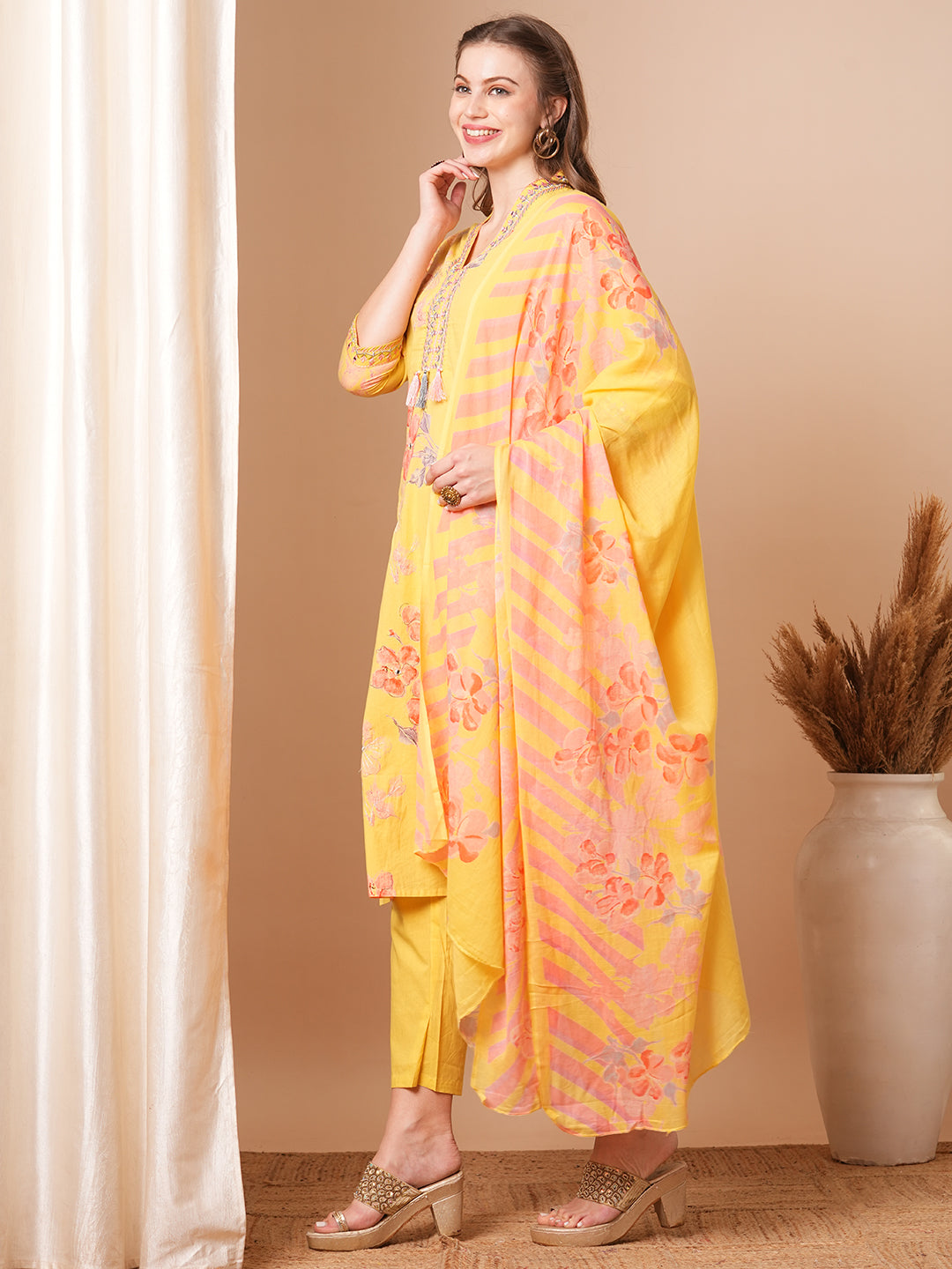 Abstract Floral Printed & Embroidered Straight Kurta with Pant & Dupatta - Yellow