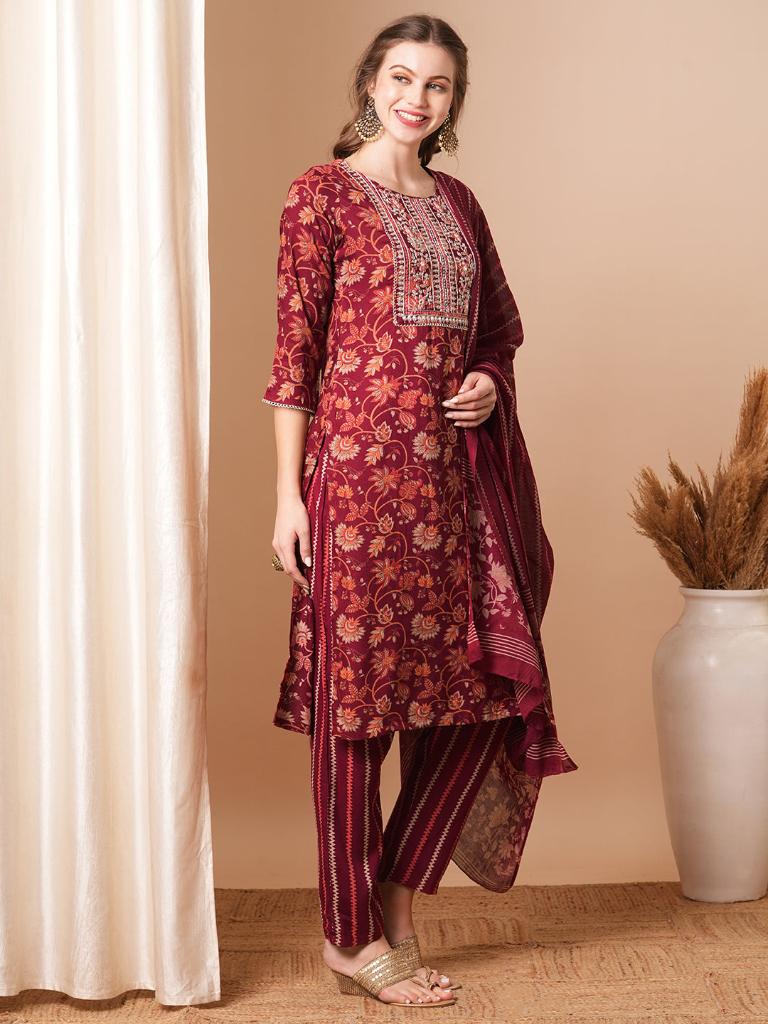 Ethnic Printed & Embroidered Straight Fit Kurta with Pant & Dupatta - Maroon