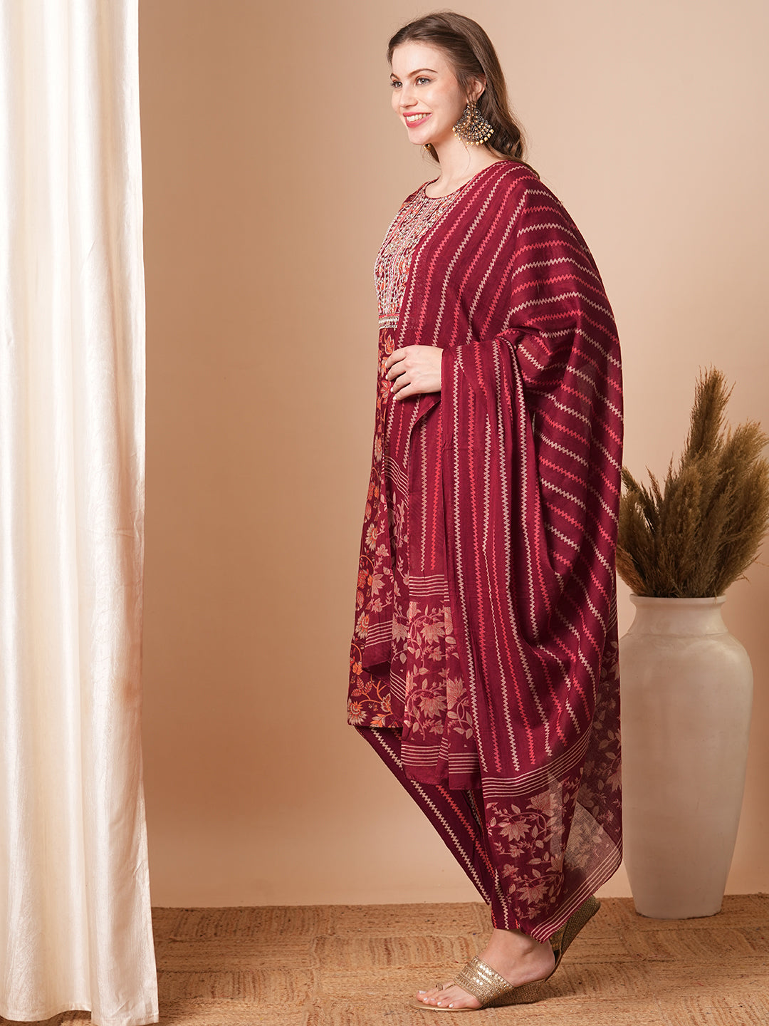 Ethnic Printed & Embroidered Straight Fit Kurta with Pant & Dupatta - Maroon