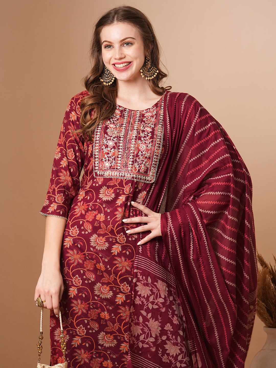 Ethnic Printed & Embroidered Straight Fit Kurta with Pant & Dupatta - Maroon