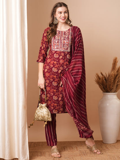 Ethnic Printed & Embroidered Straight Fit Kurta with Pant & Dupatta - Maroon