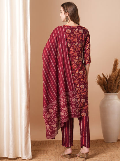 Ethnic Printed & Embroidered Straight Fit Kurta with Pant & Dupatta - Maroon