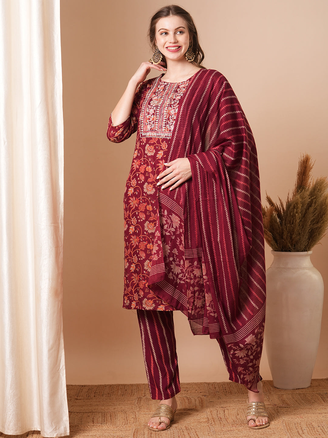 Ethnic Printed & Embroidered Straight Fit Kurta with Pant & Dupatta - Maroon