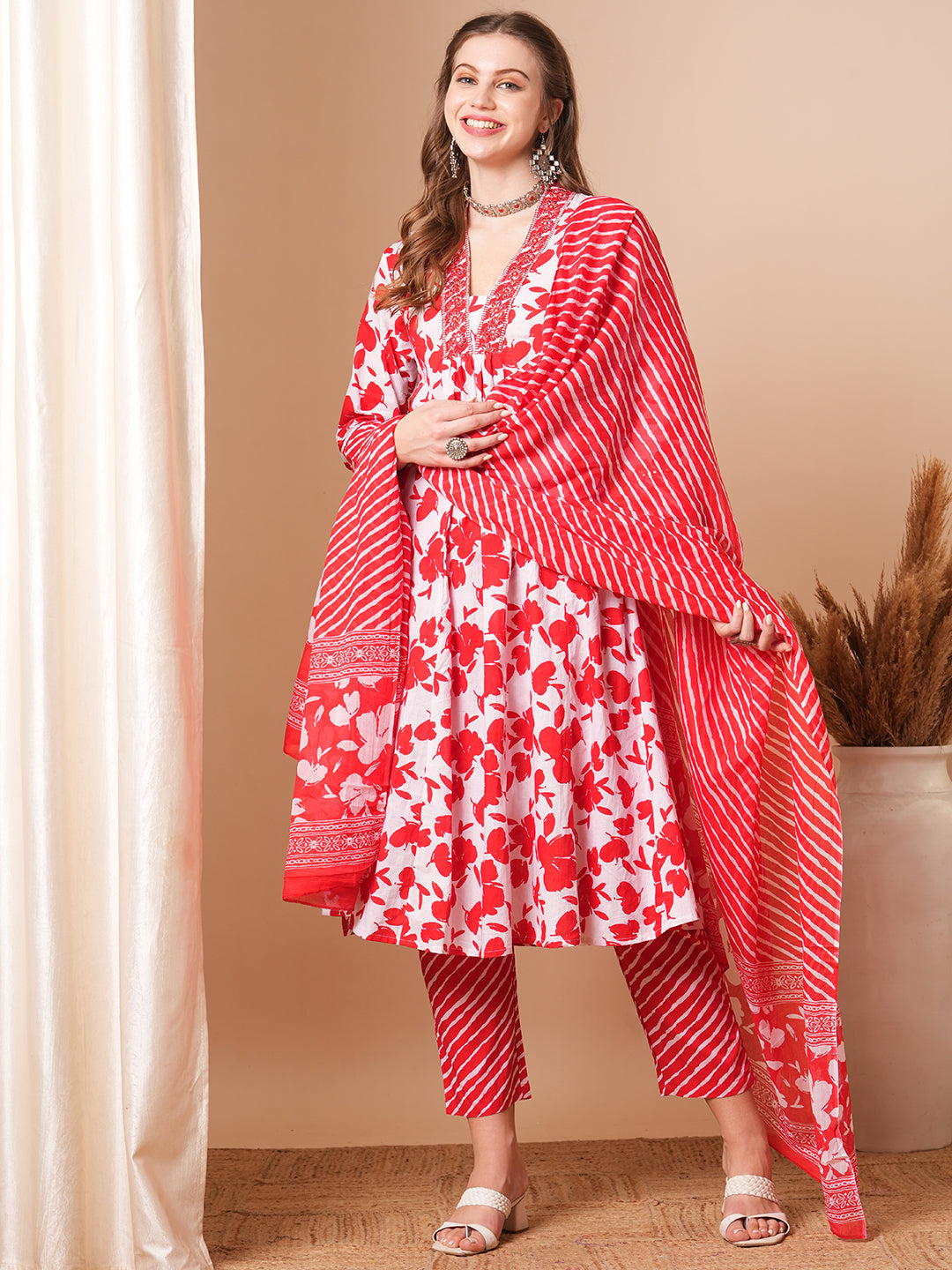 Floral & Leheriya Printed & Embroidered A-Line Paneled Kurta with Pant and Dupatta - Red