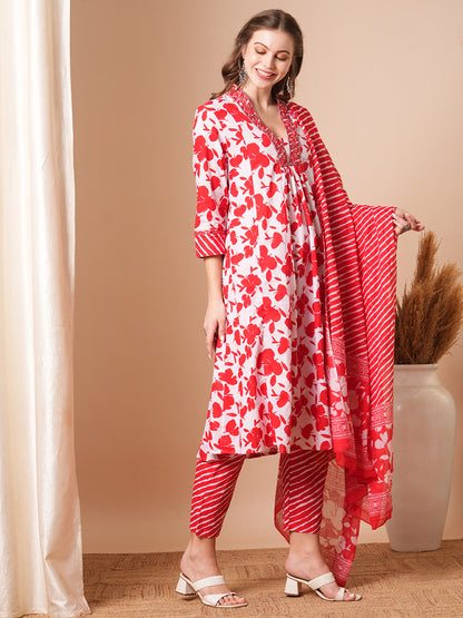 Floral & Leheriya Printed & Embroidered A-Line Paneled Kurta with Pant and Dupatta - Red