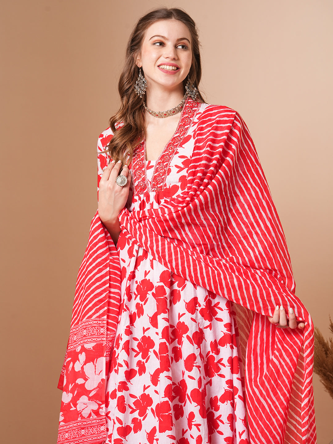 Floral & Leheriya Printed & Embroidered A-Line Paneled Kurta with Pant and Dupatta - Red