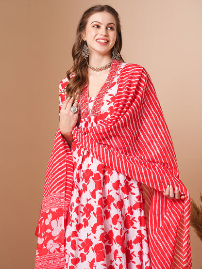 Floral & Leheriya Printed & Embroidered A-Line Paneled Kurta with Pant and Dupatta - Red