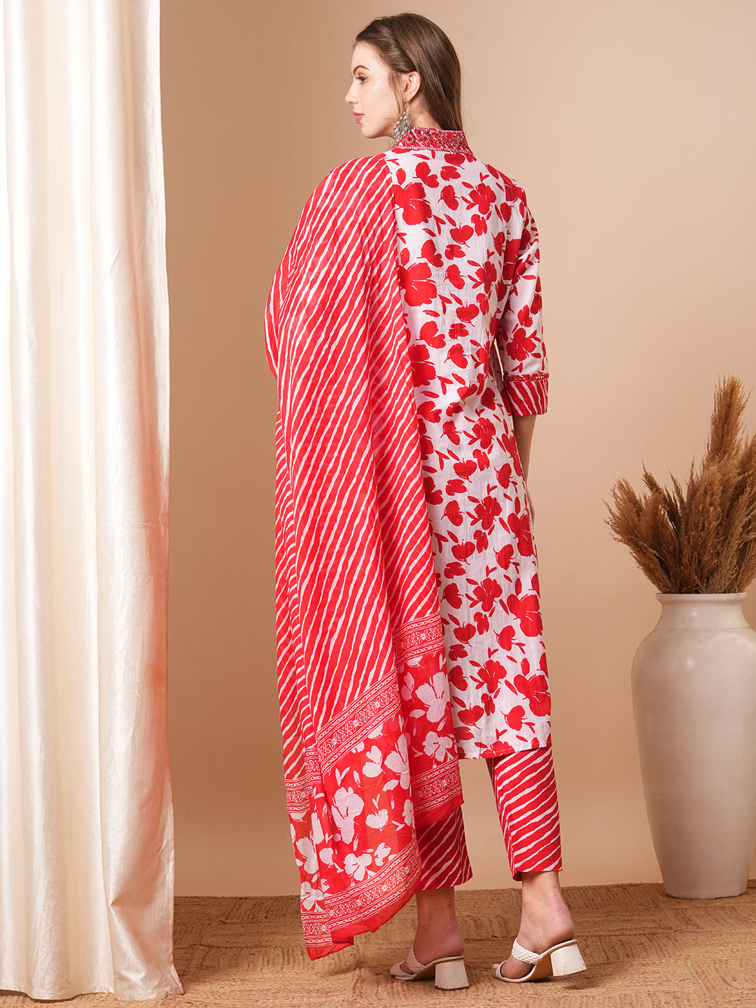 Floral & Leheriya Printed & Embroidered A-Line Paneled Kurta with Pant and Dupatta - Red