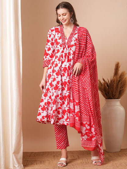 Floral & Leheriya Printed & Embroidered A-Line Paneled Kurta with Pant and Dupatta - Red