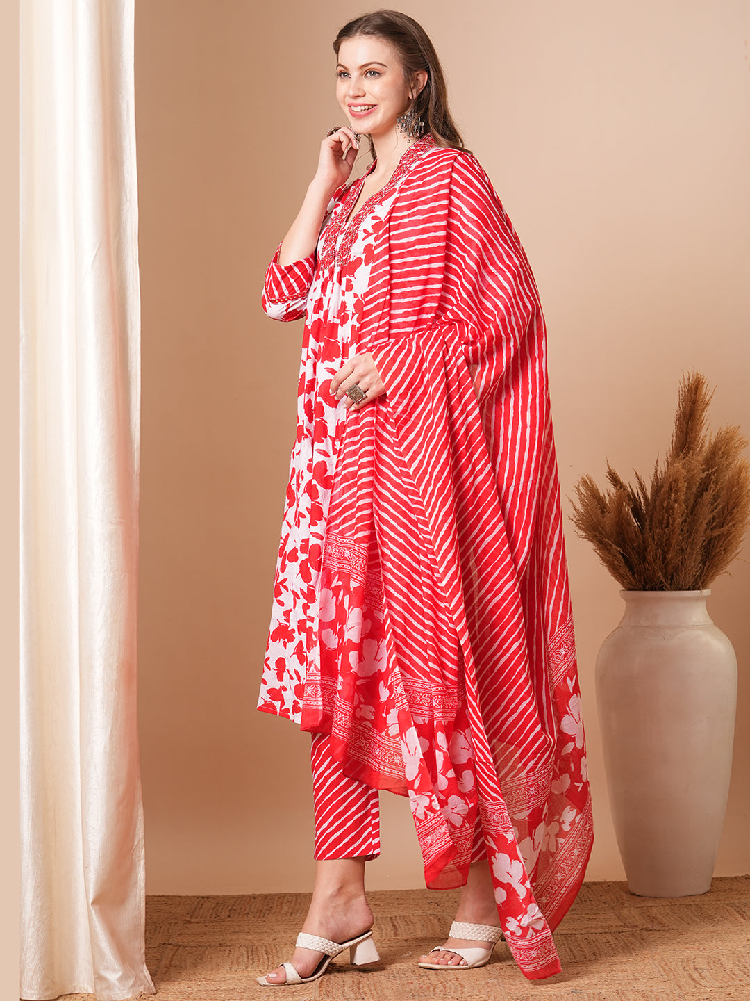 Floral & Leheriya Printed & Embroidered A-Line Paneled Kurta with Pant and Dupatta - Red