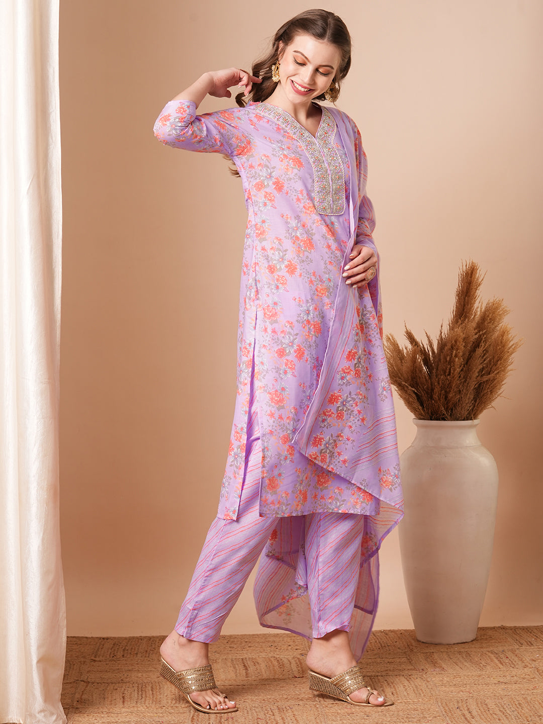 Floral Printed & Zari Embroidered Straight Fit Kurta with Pant & Dupatta - Purple