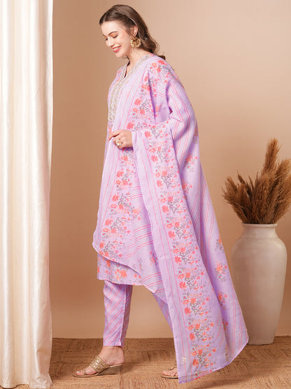 Floral Printed & Zari Embroidered Straight Fit Kurta with Pant & Dupatta - Purple