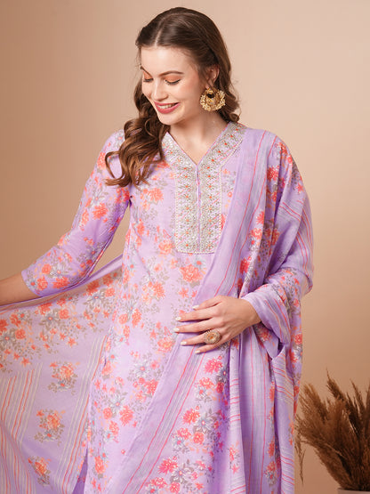 Floral Printed & Zari Embroidered Straight Fit Kurta with Pant & Dupatta - Purple