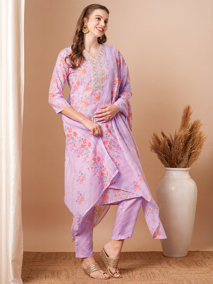 Floral Printed & Zari Embroidered Straight Fit Kurta with Pant & Dupatta - Purple