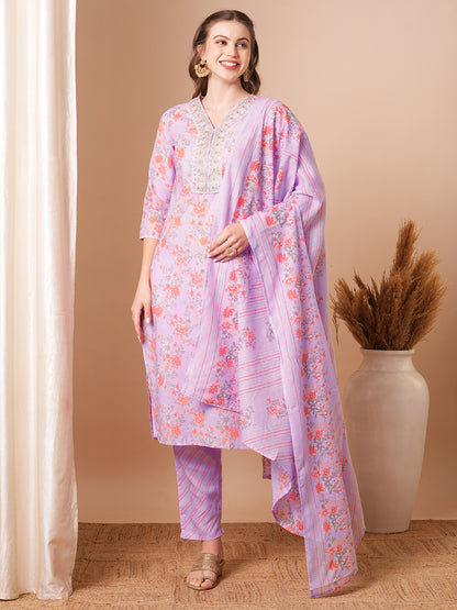 Floral Printed & Zari Embroidered Straight Fit Kurta with Pant & Dupatta - Purple