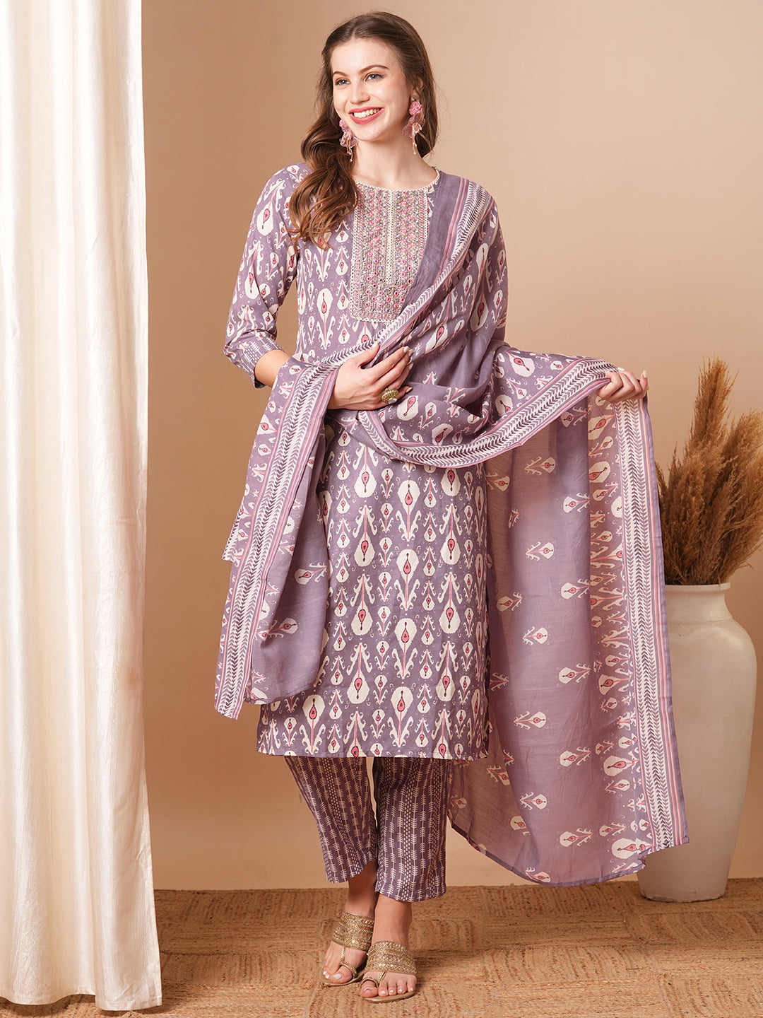 Ethnic Ikat Printed & Embroidered Straight Fit Kurta with Pant and Dupatta - Lavender