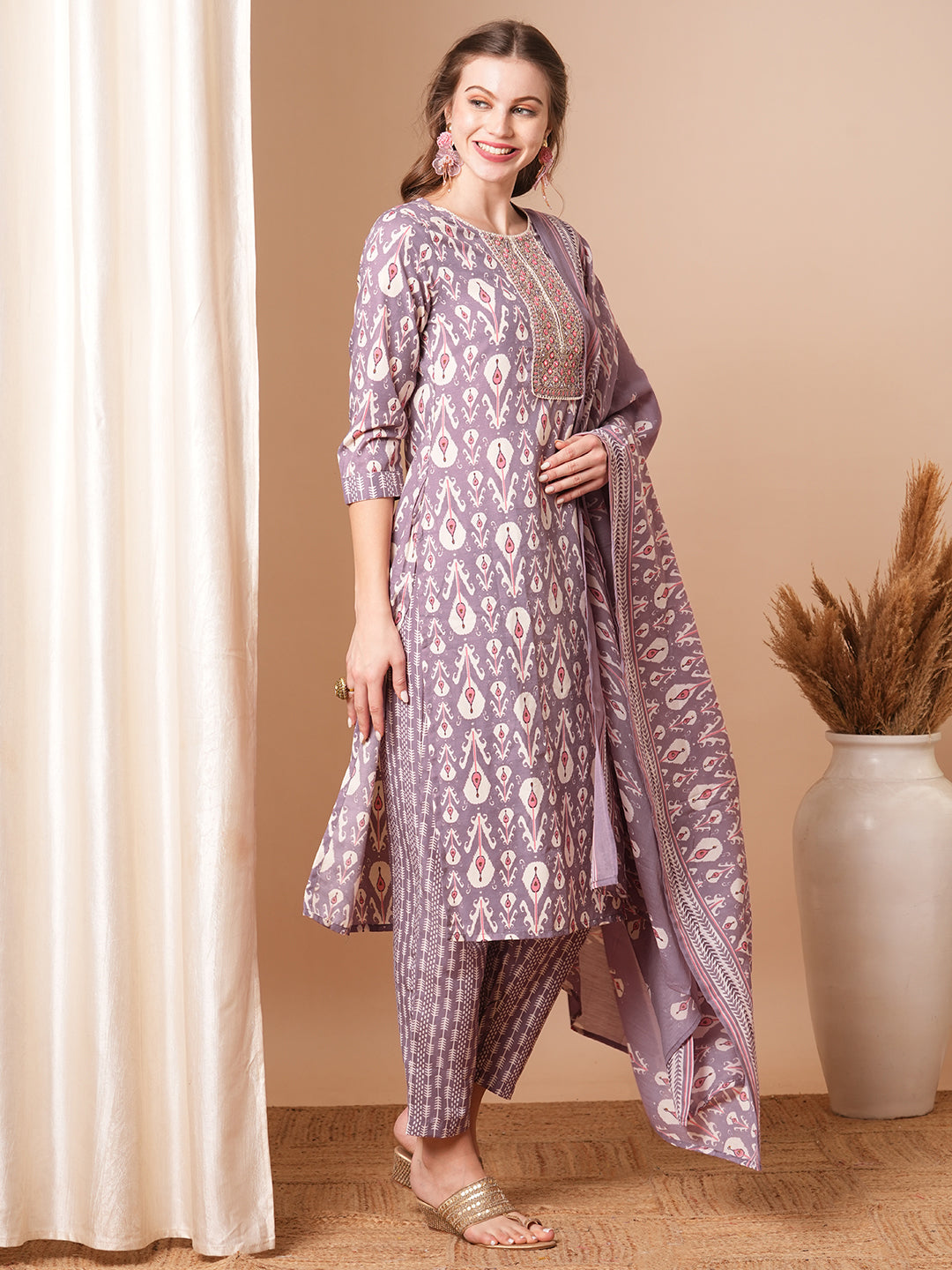 Ethnic Ikat Printed & Embroidered Straight Fit Kurta with Pant and Dupatta - Lavender