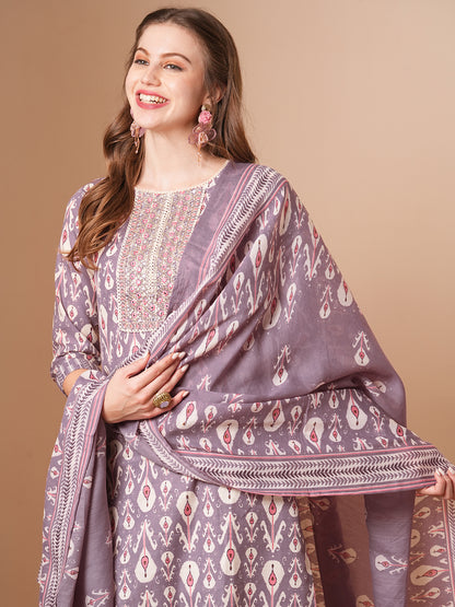 Ethnic Ikat Printed & Embroidered Straight Fit Kurta with Pant and Dupatta - Lavender