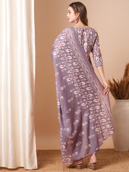 Ethnic Ikat Printed & Embroidered Straight Fit Kurta with Pant and Dupatta - Lavender