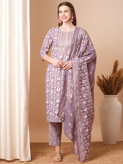 Ethnic Ikat Printed & Embroidered Straight Fit Kurta with Pant and Dupatta - Lavender