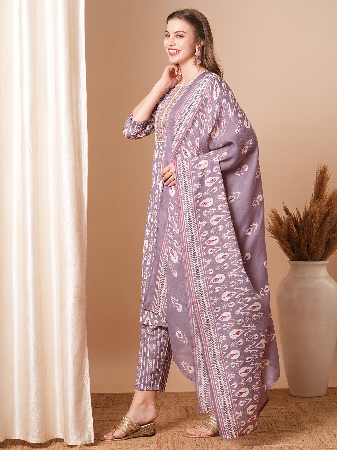 Ethnic Ikat Printed & Embroidered Straight Fit Kurta with Pant and Dupatta - Lavender