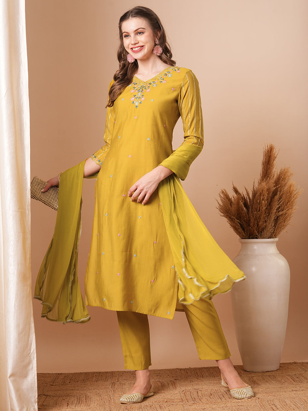 Solid Ethnic Embroidered Straight Fit Kurta with Pant & Dupatta - Mustard Green