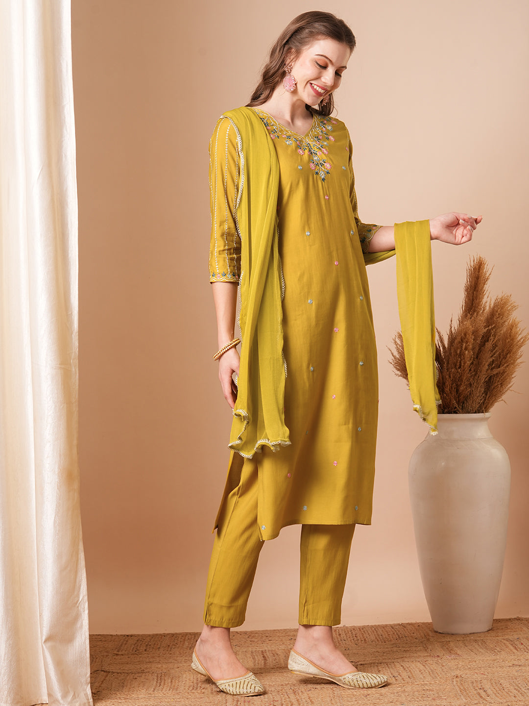 Solid Ethnic Embroidered Straight Fit Kurta with Pant & Dupatta - Mustard Green