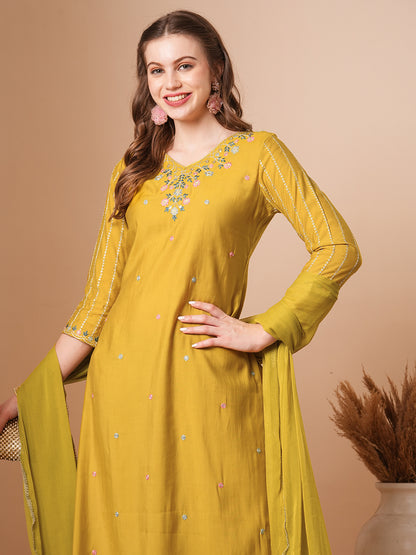 Solid Ethnic Embroidered Straight Fit Kurta with Pant & Dupatta - Mustard Green