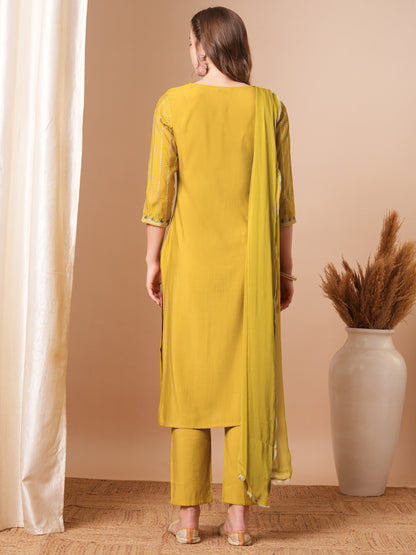 Solid Ethnic Embroidered Straight Fit Kurta with Pant & Dupatta - Mustard Green