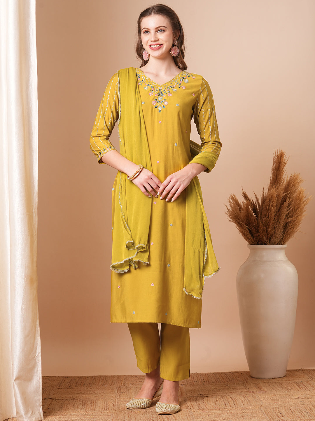 Solid Ethnic Embroidered Straight Fit Kurta with Pant & Dupatta - Mustard Green