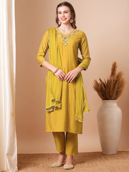 Solid Ethnic Embroidered Straight Fit Kurta with Pant & Dupatta - Mustard Green