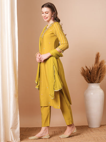 Solid Ethnic Embroidered Straight Fit Kurta with Pant & Dupatta - Mustard Green