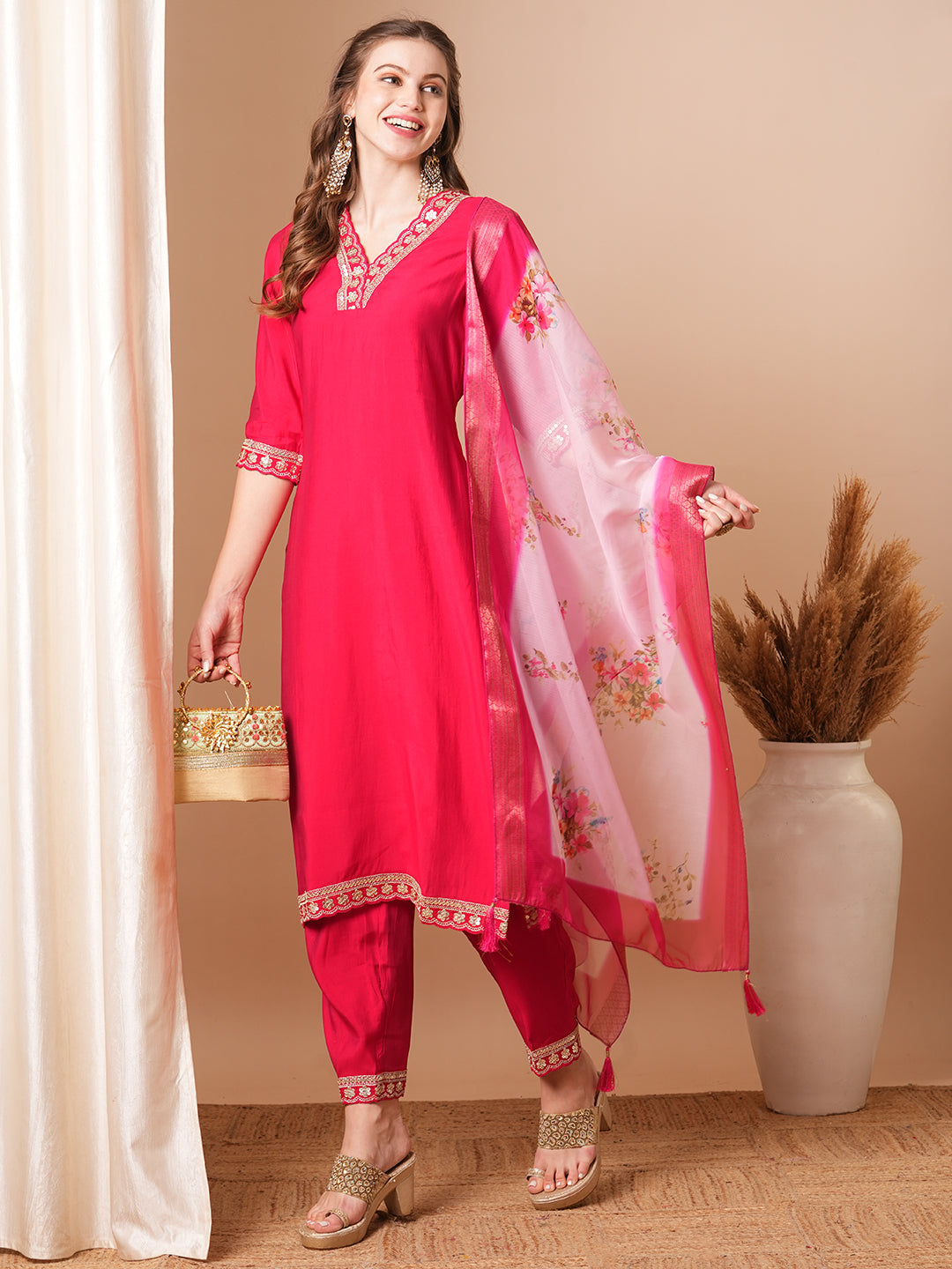 Solid Ethnic Embroidered Straight Fit Kurta with Pant & Dupatta - Red