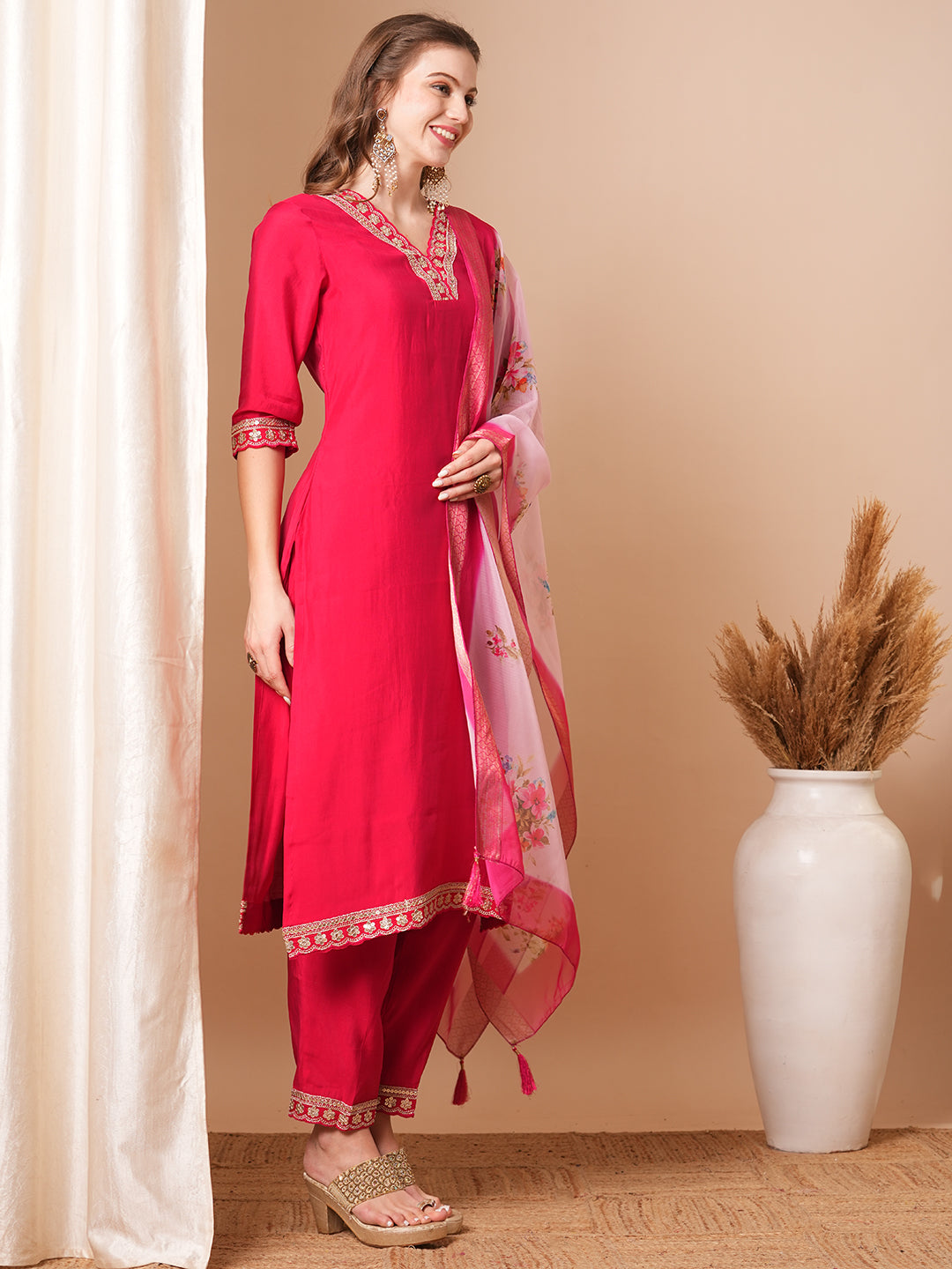 Solid Ethnic Embroidered Straight Fit Kurta with Pant & Dupatta - Red