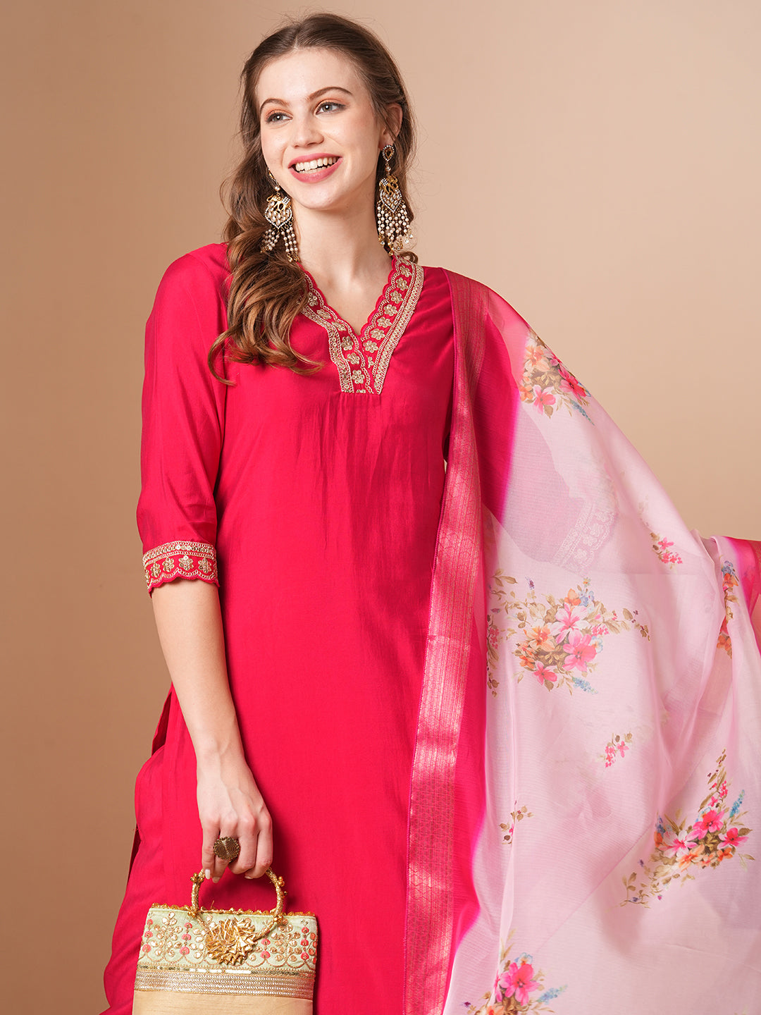 Solid Ethnic Embroidered Straight Fit Kurta with Pant & Dupatta - Red