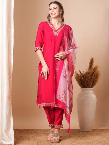 Solid Ethnic Embroidered Straight Fit Kurta with Pant & Dupatta - Red